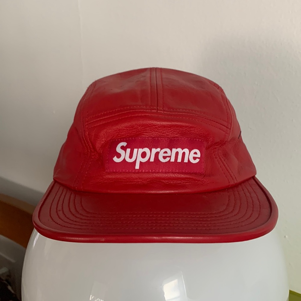Supreme Red Leather 5 Panel Cap